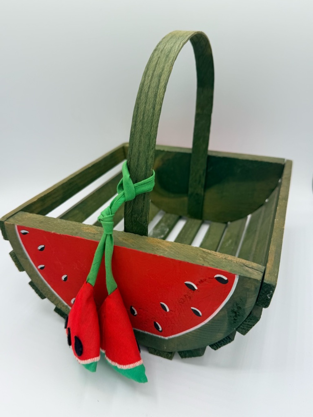 Sawmill Critters HandmadeWooden Watermelon Basket with Red Fabric Tassels
